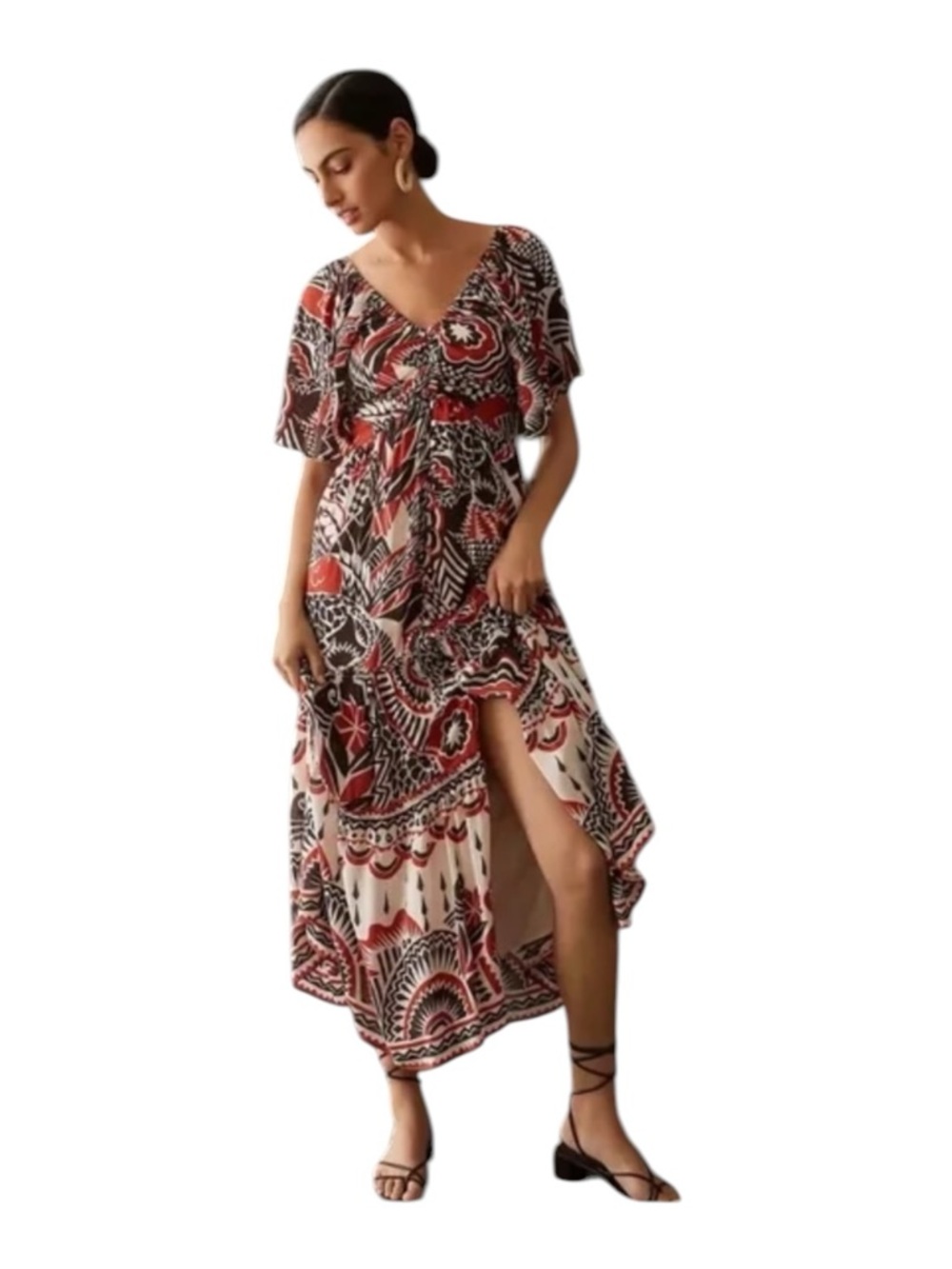 Anthropologie Maxi Dress Flutter Sleeve Cut Out Boho Orange Brown Medium NWT